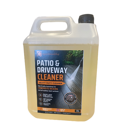 A 5L plastic jug of 'The Clean Shop' Patio & Driveway Cleaner heavy duty cleaner, filled with a pale yellow liquid, featuring a black cap and a detailed product label.